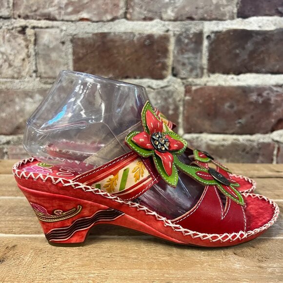 NIB Elite By Corkys 'Poppy' Red Leather Floral Heeled Sandal Sz 9 - Picture 4 of 13